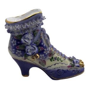 Vintage Inspired Ceramic Lace Ruffle Vivid Violet Flowers Boot Limoges